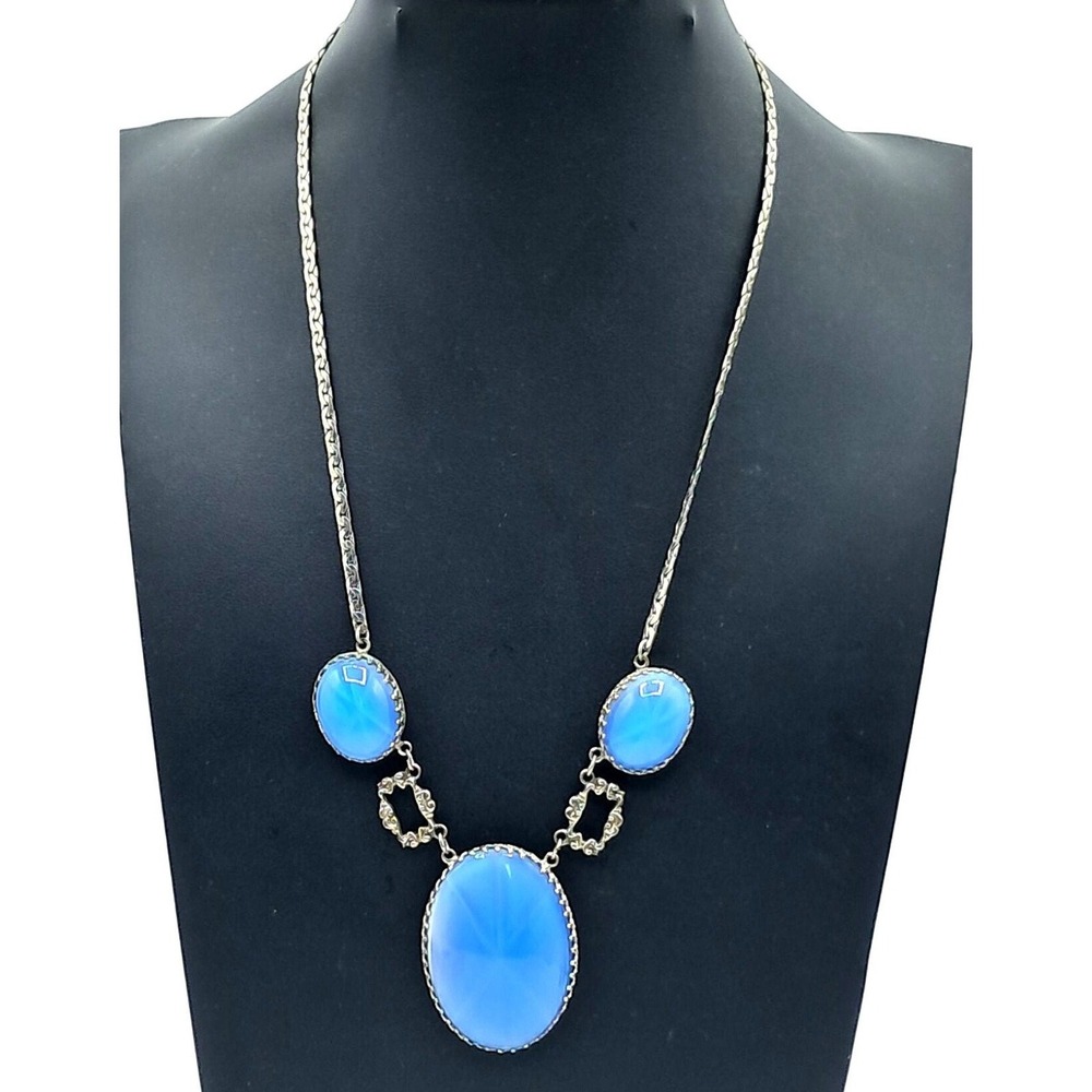 Art Deco Glass Necklace Blue Lindy Star Silver Tone Vintage‎ Antique Jewelry